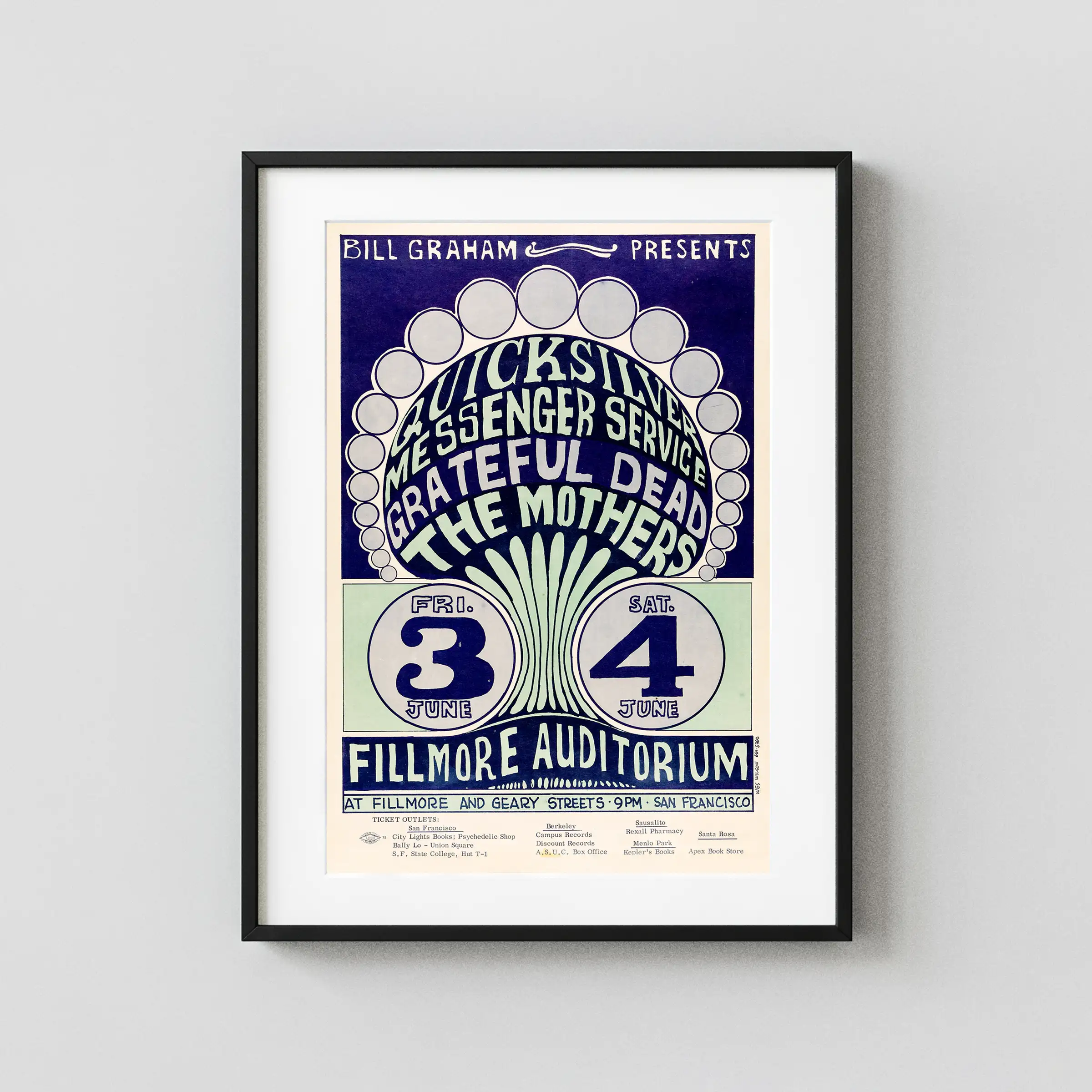 Grateful Dead, Frank Zappa, Mothers poster with gray, cream, and navy artwork and period lettering.