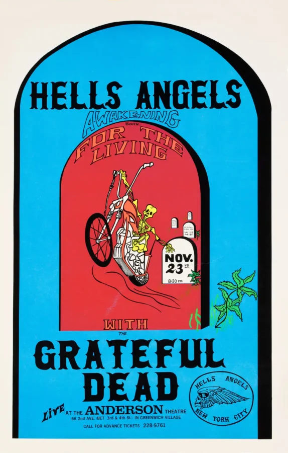 Grateful Dead, Hells Angels 1970 Anderson Theater, New York Concert Poster featuring teal, red, and rose vertical artwork.