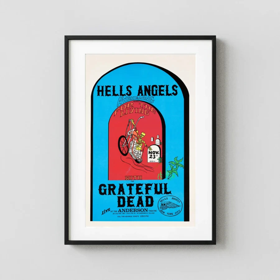 Grateful Dead, Hells Angels 1970 Anderson Theater, New York Concert Poster featuring teal, red, and rose vertical artwork.