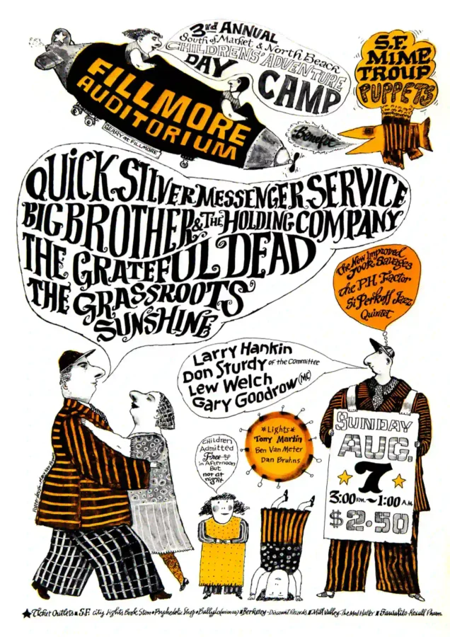 Grateful Dead, Janis Joplin 1966 Children's Camp Fillmore Poster featuring white, light gray, and gray vertical artwork.