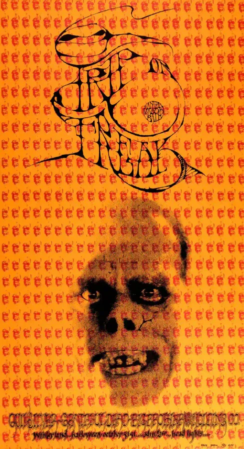 Grateful Dead, Janis Joplin 1967 "Trip or Freak" Winterland Concert Poster featuring orange and yellow vertical artwork.