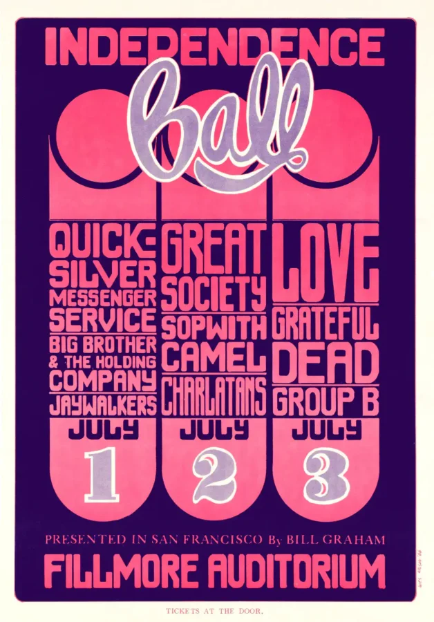 Grateful Dead, Janis Joplin, Grace Slick 1966 Fillmore Poster featuring purple, white, and magenta vertical artwork.