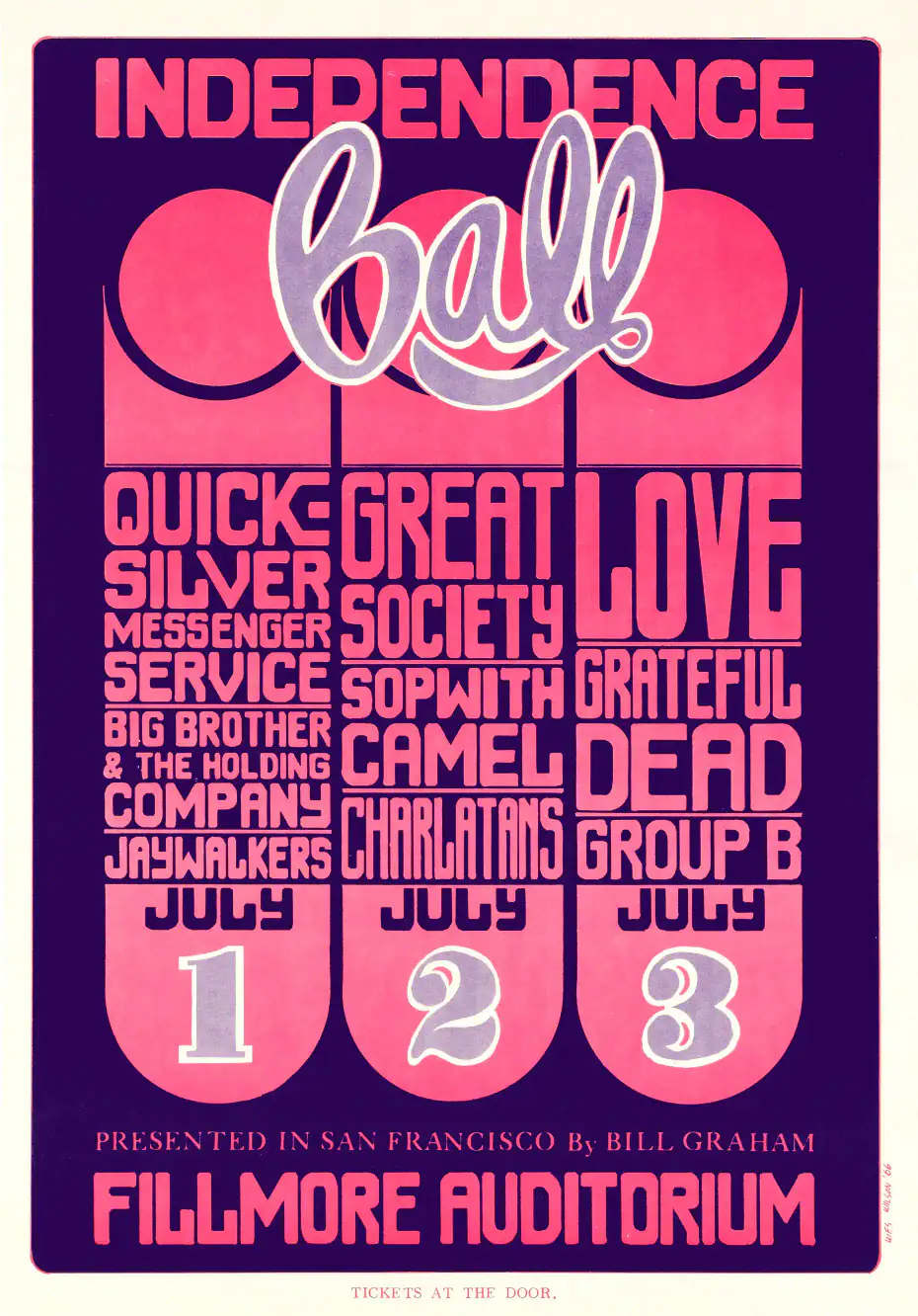 Grateful Dead, Janis Joplin, Grace Slick 1966 Fillmore Poster featuring purple, white, and magenta vertical artwork.