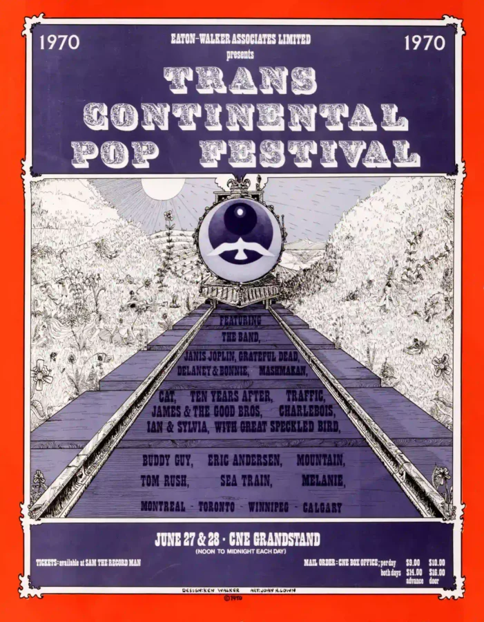 Grateful Dead, Janis Joplin, the Band poster with blue, light gray, and gray artwork and period lettering.