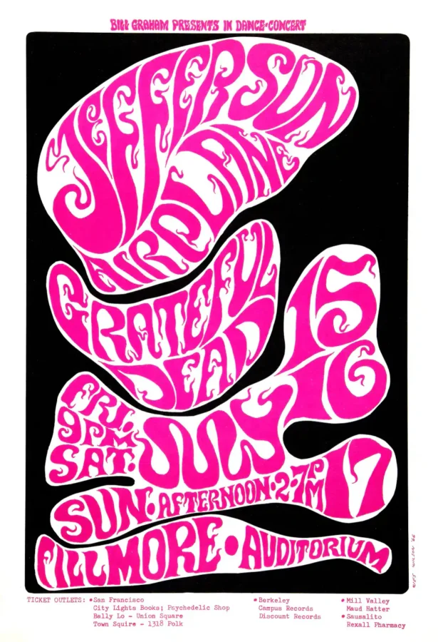 Grateful Dead, Jefferson Airplane 1966 Fillmore Concert Poster featuring white, black, and pink vertical artwork.