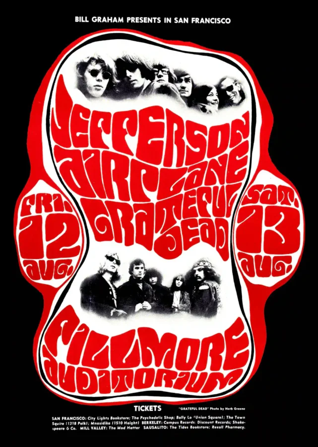 Grateful Dead, Jefferson Airplane 1966 Concert Poster featuring black, white, and red vertical artwork.