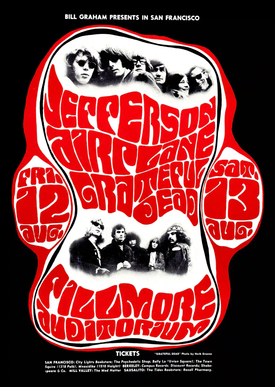 Grateful Dead, Jefferson Airplane 1966 Concert Poster featuring black, white, and red vertical artwork.