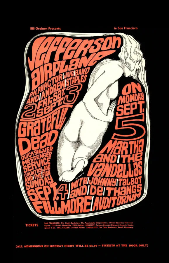 Grateful Dead, Jefferson Airplane 1966 Fillmore Concert Poster 3 featuring black, orange, and white vertical artwork.