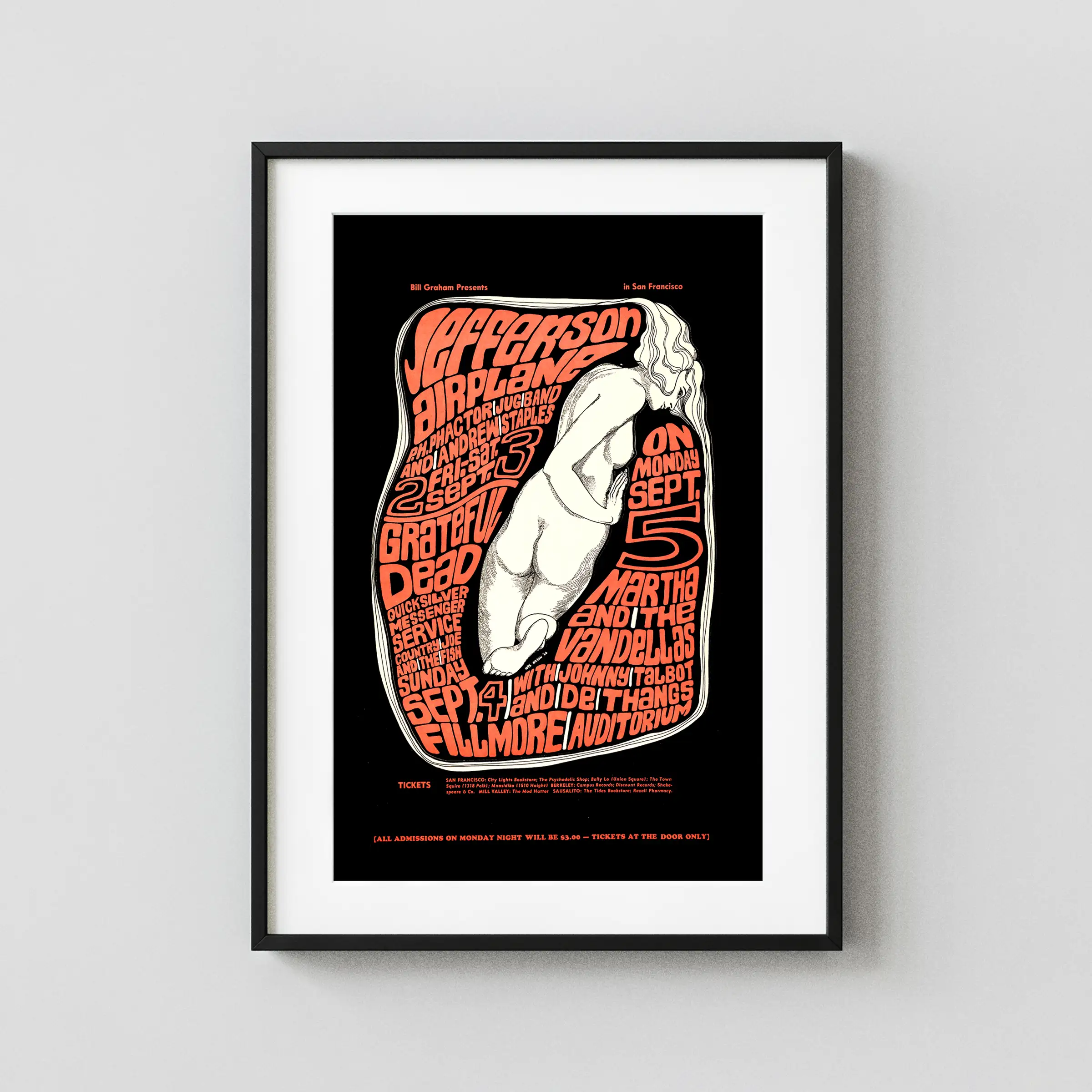 Grateful Dead, Jefferson Airplane 1966 Fillmore Concert Poster 3 featuring black, orange, and white vertical artwork.