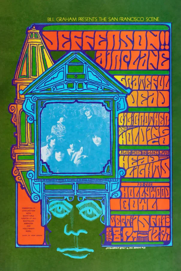 Grateful Dead, Jefferson Airplane poster with deep green, blue, and orange artwork and period lettering.