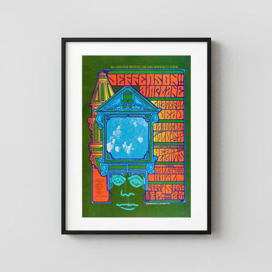 Grateful Dead, Jefferson Airplane poster with deep green, blue, and orange artwork and period lettering.