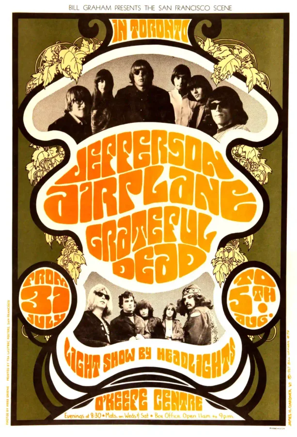 Grateful Dead, Jefferson Airplane 1967 Toronto Concert Poster featuring white, orange, and brown vertical artwork.