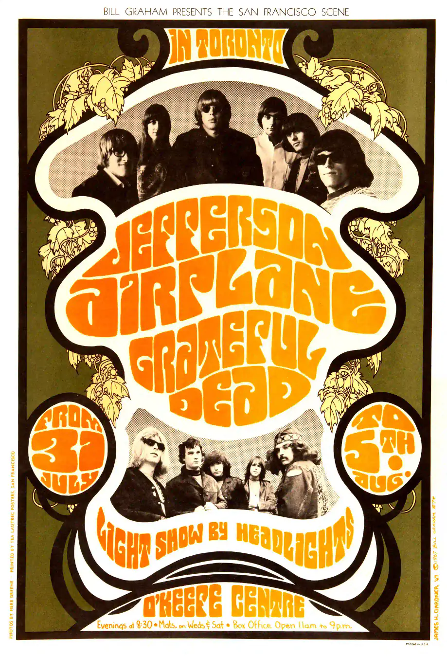 Grateful Dead, Jefferson Airplane 1967 Toronto Concert Poster featuring white, orange, and brown vertical artwork.