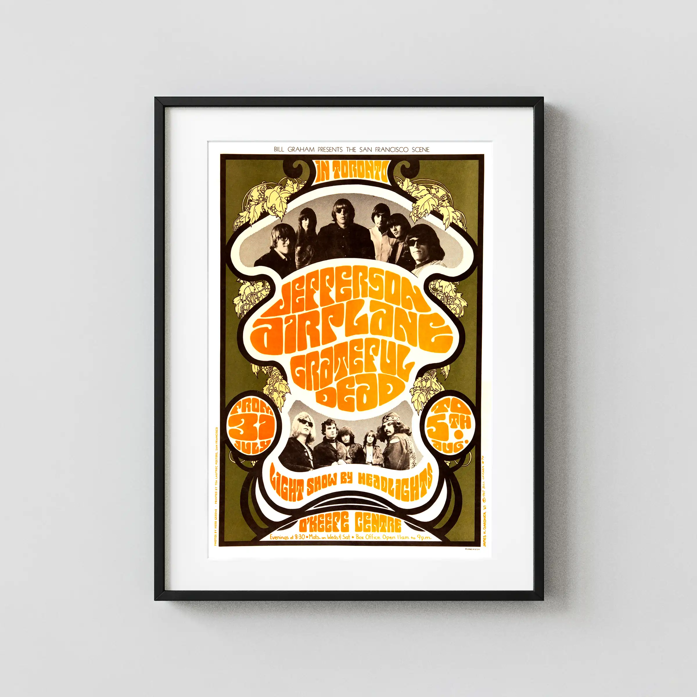 Grateful Dead, Jefferson Airplane 1967 Toronto Concert Poster featuring white, orange, and brown vertical artwork.