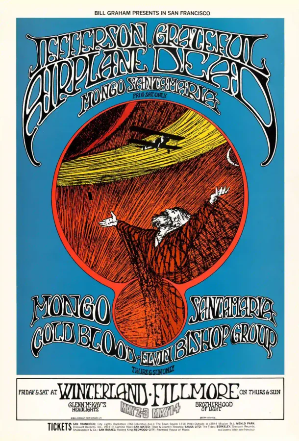 Grateful Dead, Jefferson Airplane 1969 San Francisco Concert Poster featuring white, blue, and teal vertical artwork.