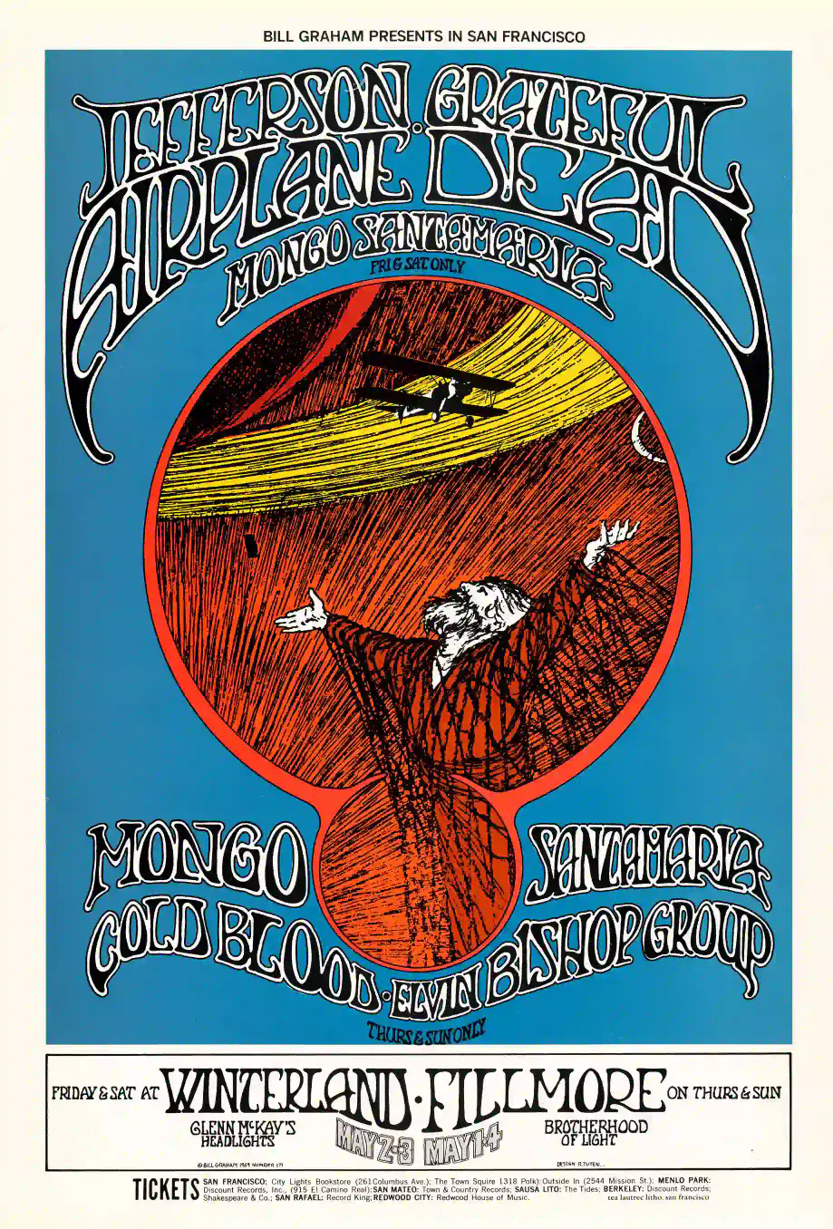 Grateful Dead, Jefferson Airplane 1969 San Francisco Concert Poster featuring white, blue, and teal vertical artwork.