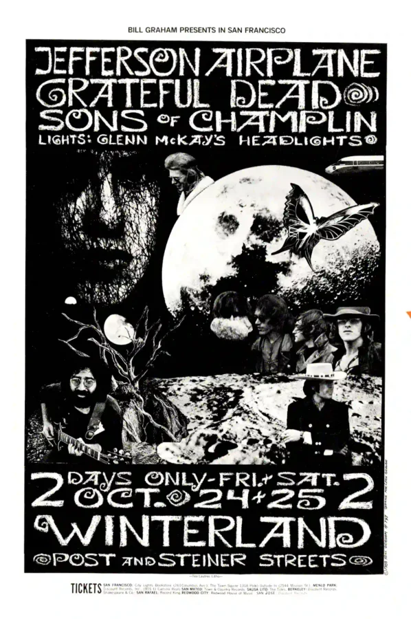Grateful Dead, Jefferson Airplane 1969 San Concert Poster featuring white, black, and charcoal vertical artwork.