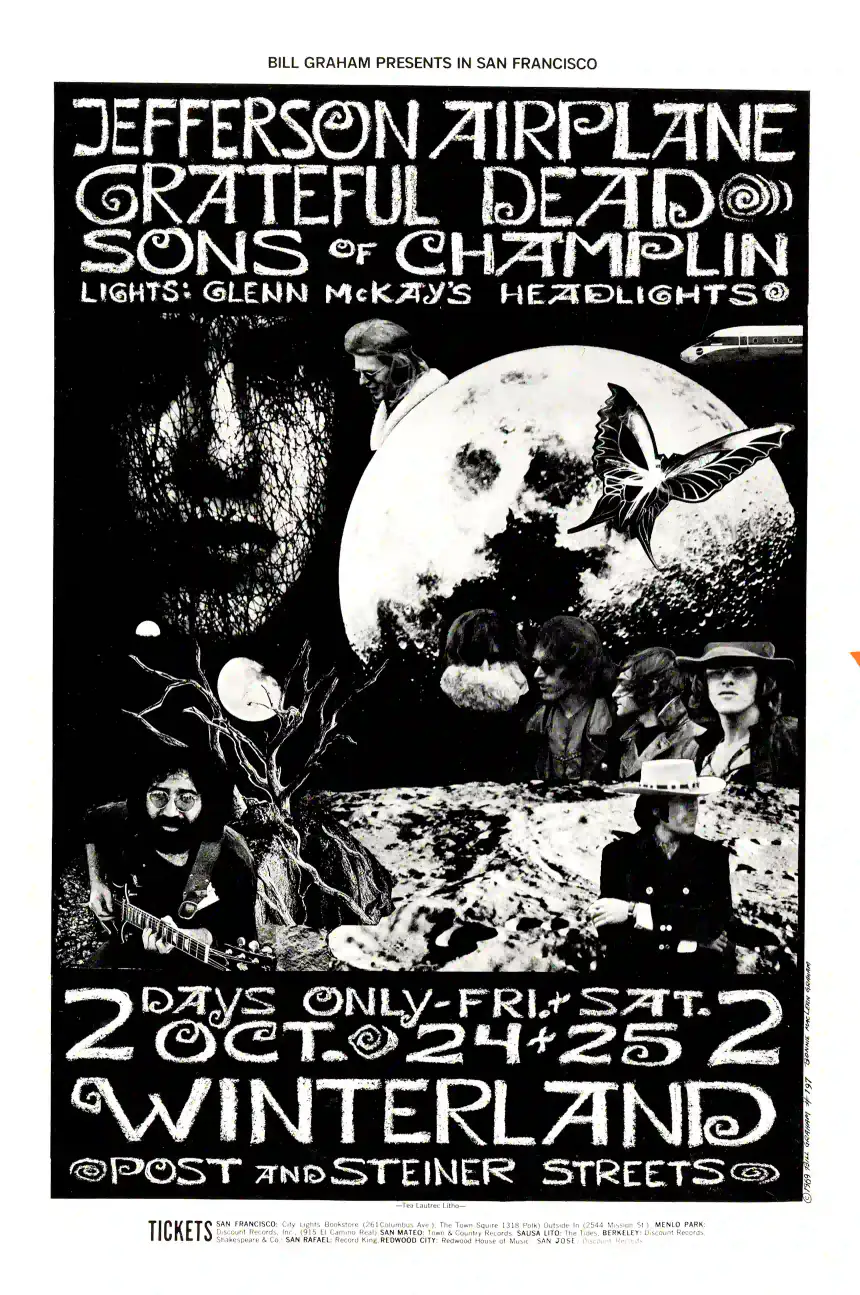 Grateful Dead, Jefferson Airplane 1969 San Concert Poster featuring white, black, and charcoal vertical artwork.