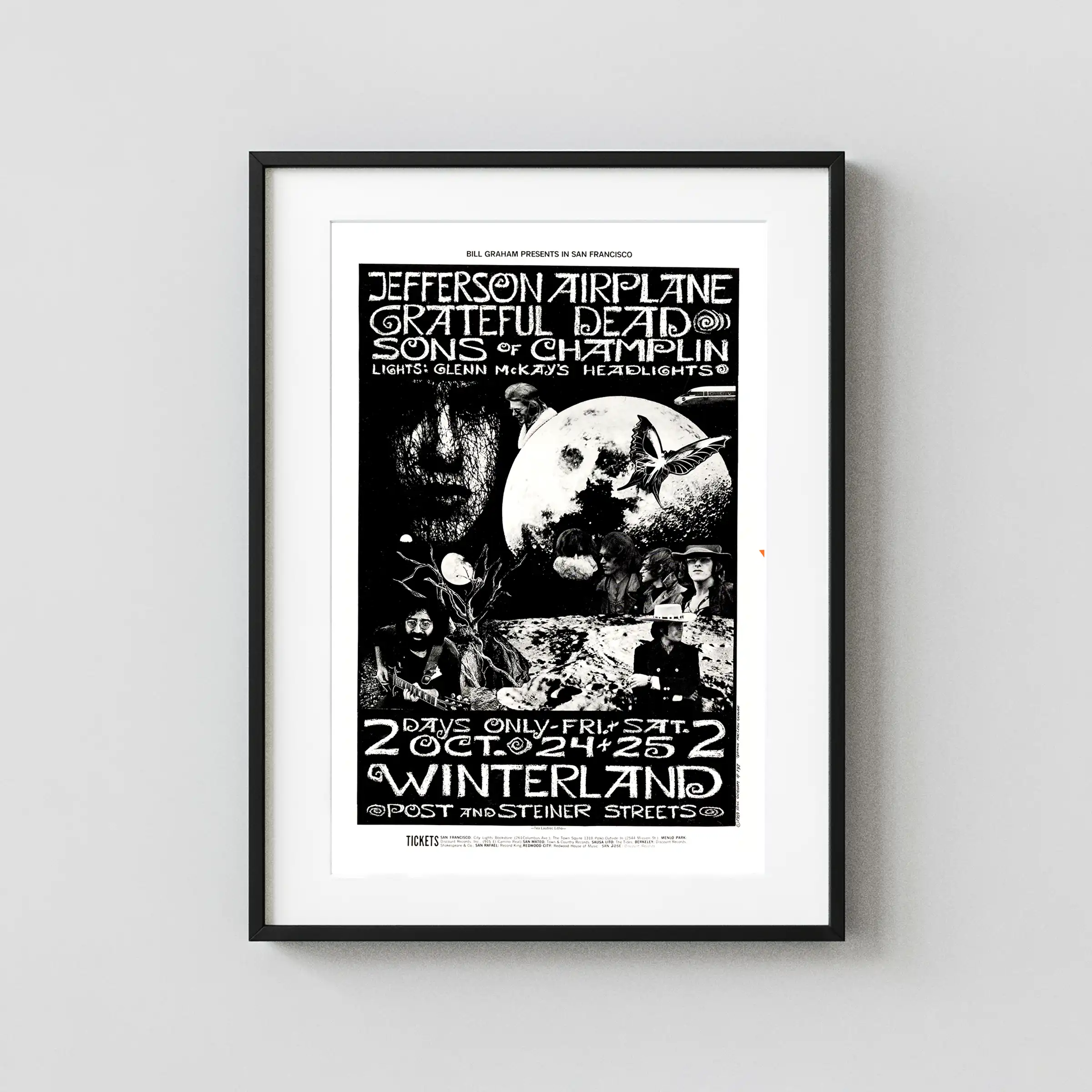 Grateful Dead, Jefferson Airplane 1969 San Concert Poster featuring white, black, and charcoal vertical artwork.