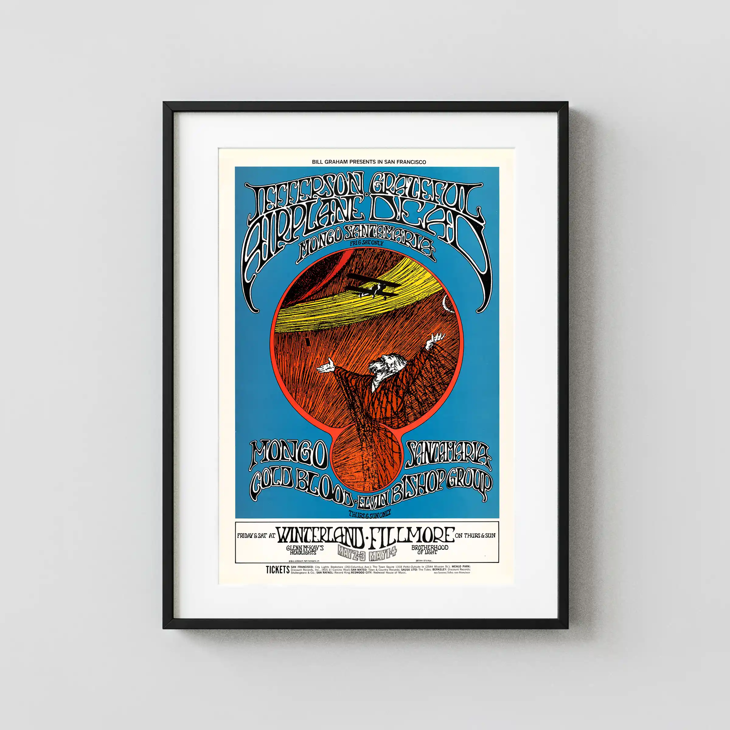 Grateful Dead, Jefferson Airplane 1969 San Francisco Concert Poster featuring white, blue, and teal vertical artwork.