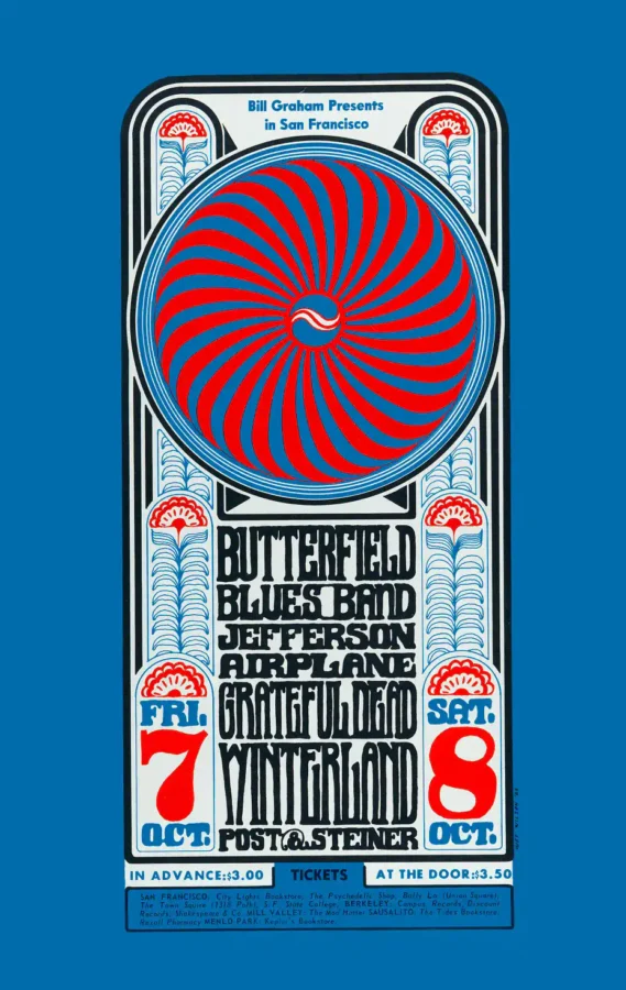 Grateful Dead, Jefferson Airplane, Paul Butterfield 1966 Music Poster featuring blue, slate gray, and red vertical artwork.