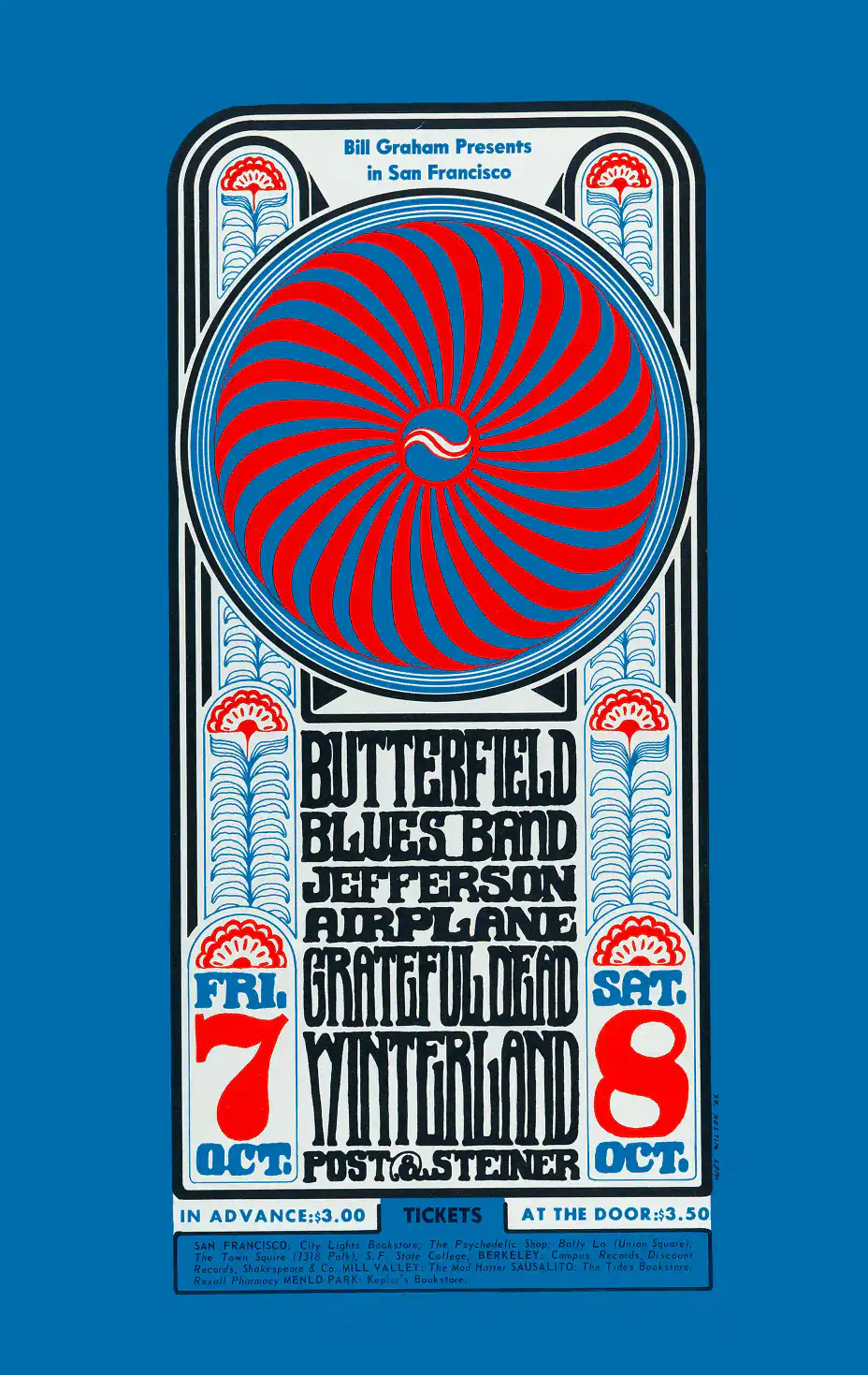 Grateful Dead, Jefferson Airplane, Paul Butterfield 1966 Music Poster featuring blue, slate gray, and red vertical artwork.