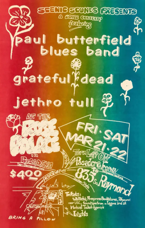 Grateful Dead, Jethro Tull 1969 Pasadena, CA Rose Palace Concert Poster featuring teal, red, and orange vertical artwork.