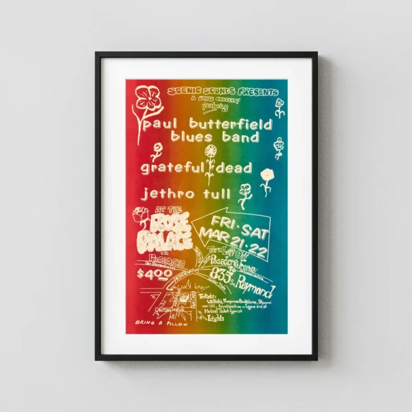 Grateful Dead, Jethro Tull 1969 Pasadena, CA Rose Palace Concert Poster