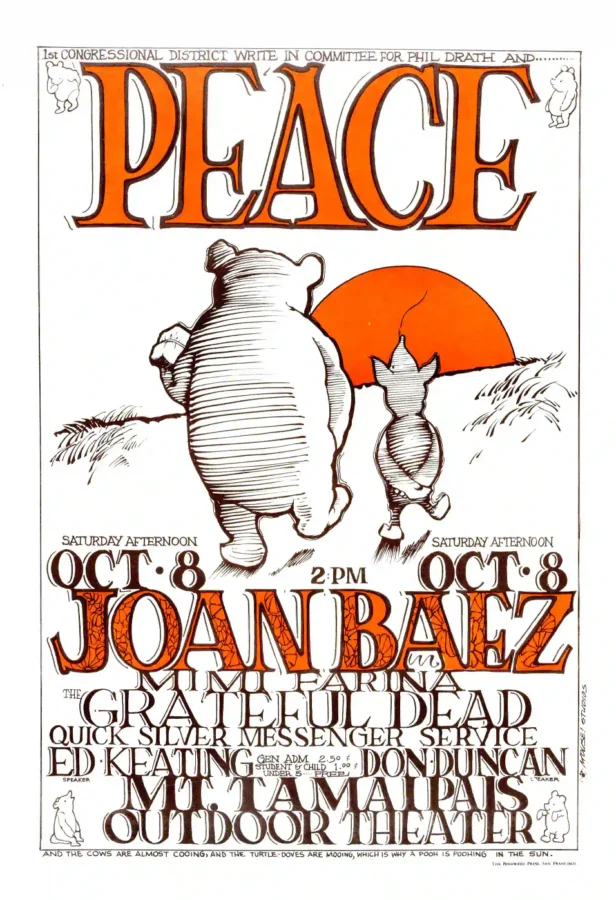 Grateful Dead, Joan Baez poster with white, light gray, and red artwork and period lettering.