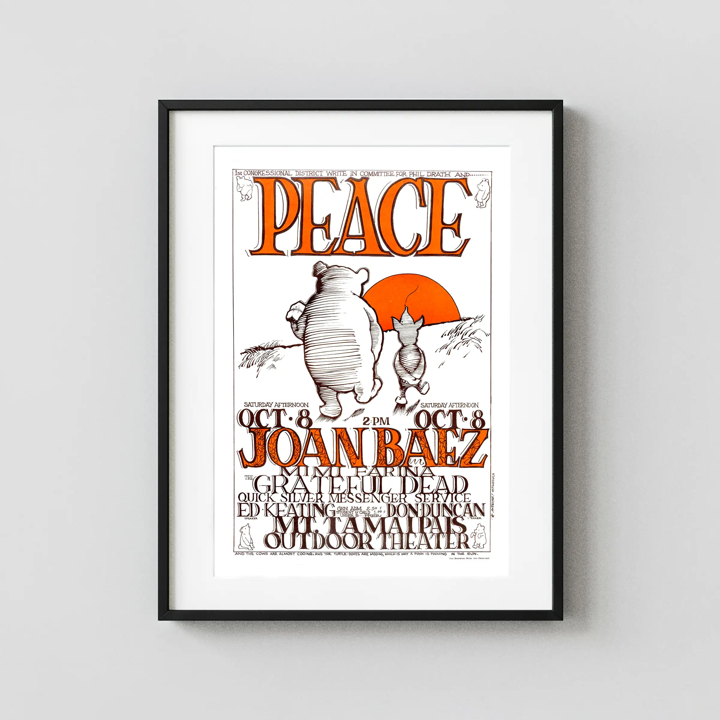 Grateful Dead, Joan Baez poster with white, light gray, and red artwork and period lettering.