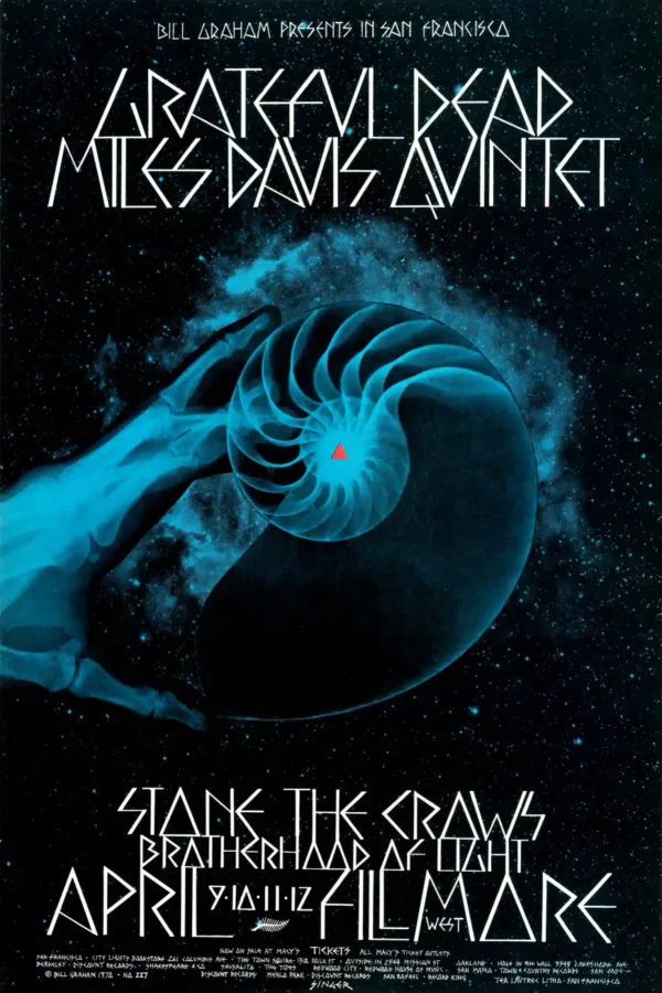 Grateful Dead, Miles Davis 1970 Fillmore West Concert Poster featuring black, charcoal, and white vertical artwork.