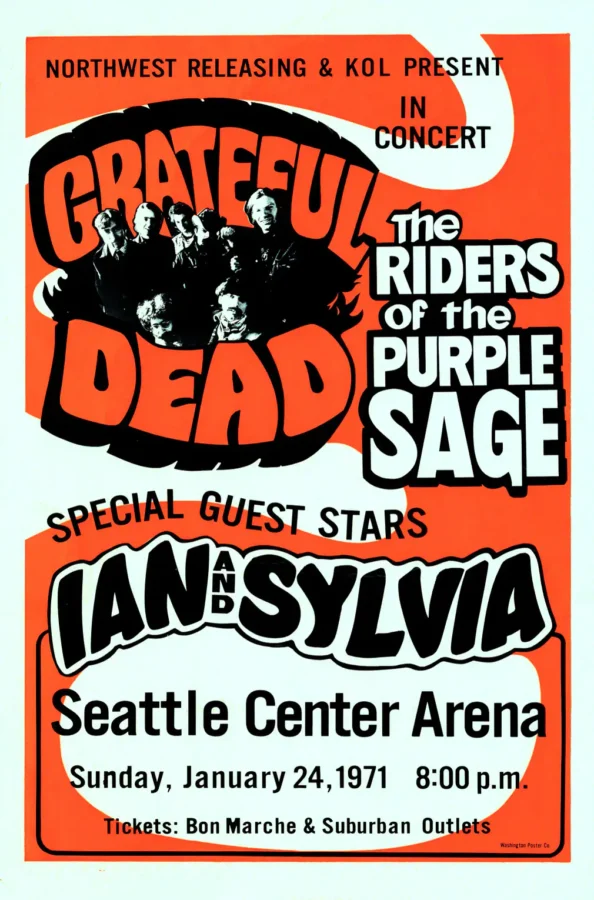 Grateful Dead, NRPS 1971 Seattle, WA Day-Glo Concert Poster featuring teal, orange, and black vertical artwork.