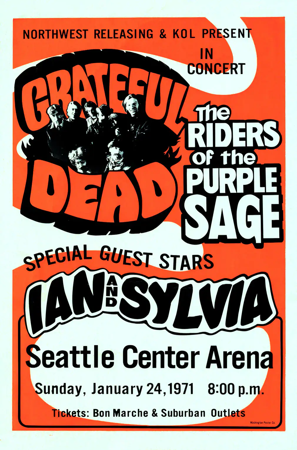 Grateful Dead, NRPS 1971 Seattle, WA Day-Glo Concert Poster featuring teal, orange, and black vertical artwork.