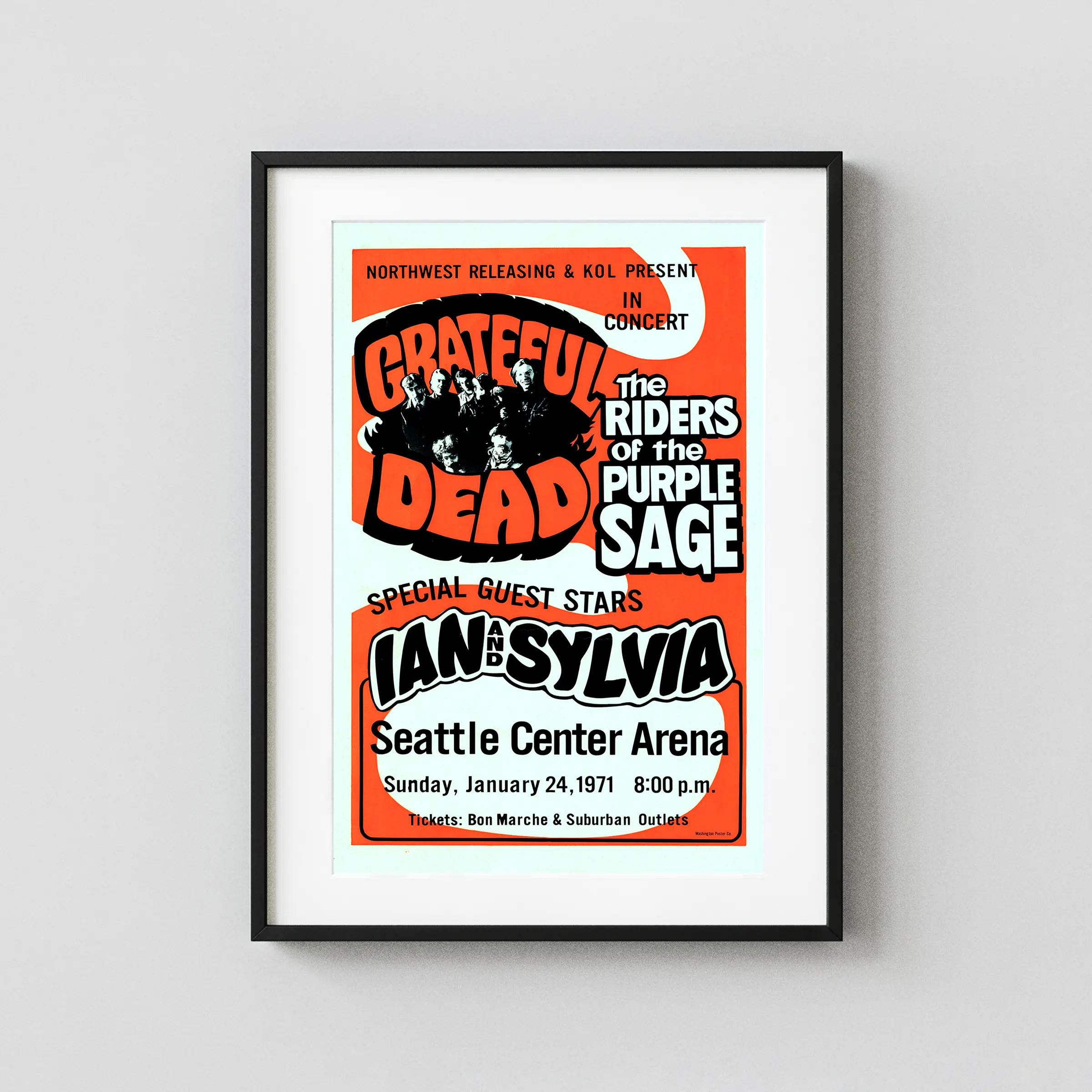 Grateful Dead, NRPS 1971 Seattle, WA Day-Glo Concert Poster featuring teal, orange, and black vertical artwork.