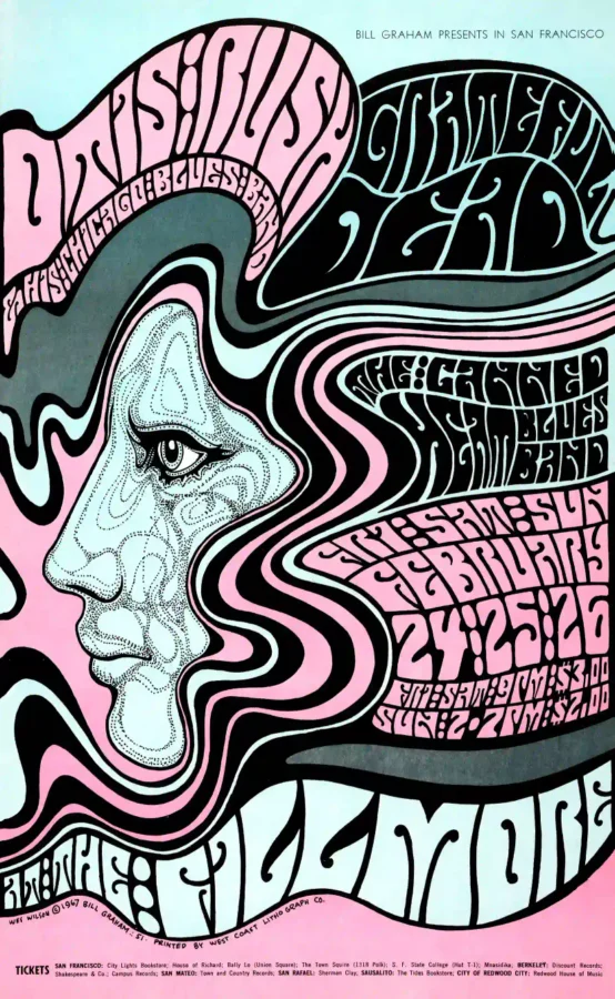 Grateful Dead, Otis Rush, Canned Heat 1967 Fillmore Poster featuring charcoal, pink, and black vertical artwork.