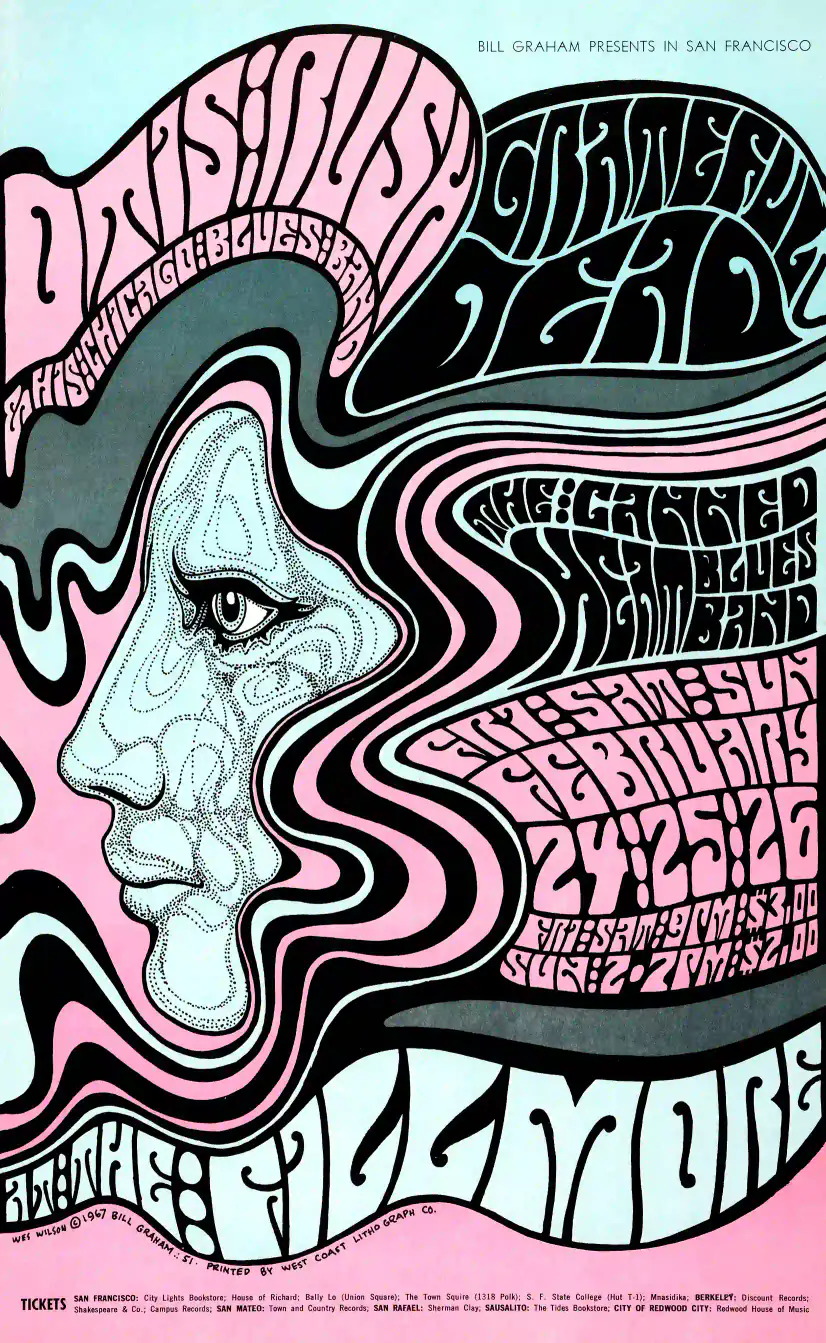 Grateful Dead, Otis Rush, Canned Heat 1967 Fillmore Poster featuring charcoal, pink, and black vertical artwork.