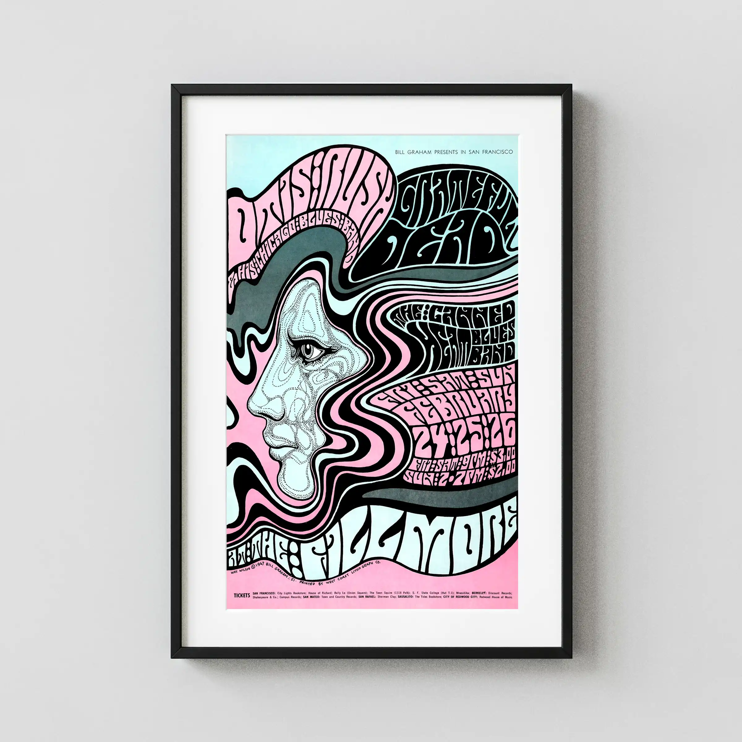 Grateful Dead, Otis Rush, Canned Heat 1967 Fillmore Poster featuring charcoal, pink, and black vertical artwork.