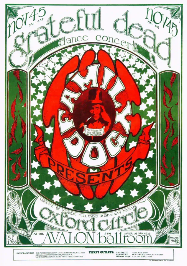 Grateful Dead, Oxford Circle 1966 Avalon Concert Poster featuring white, light gray, and green vertical artwork.