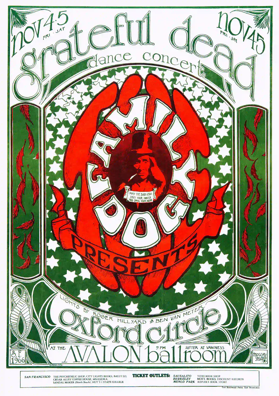 Grateful Dead, Oxford Circle 1966 Avalon Concert Poster featuring white, light gray, and green vertical artwork.