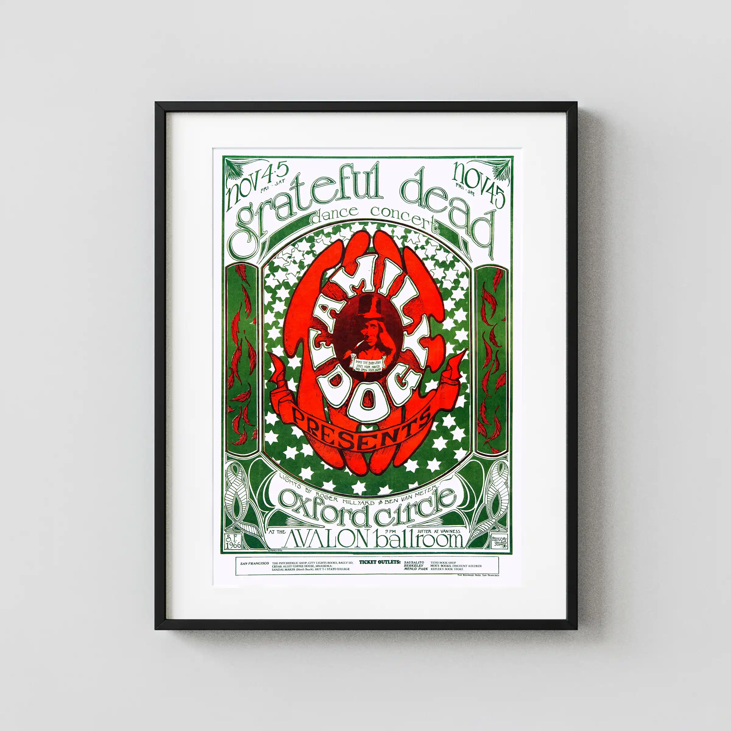 Grateful Dead, Oxford Circle 1966 Avalon Concert Poster featuring white, light gray, and green vertical artwork.