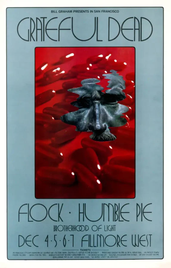 Grateful Dead, Peter Frampton 1969 Fillmore West Concert Poster featuring white, blue, and teal vertical artwork.