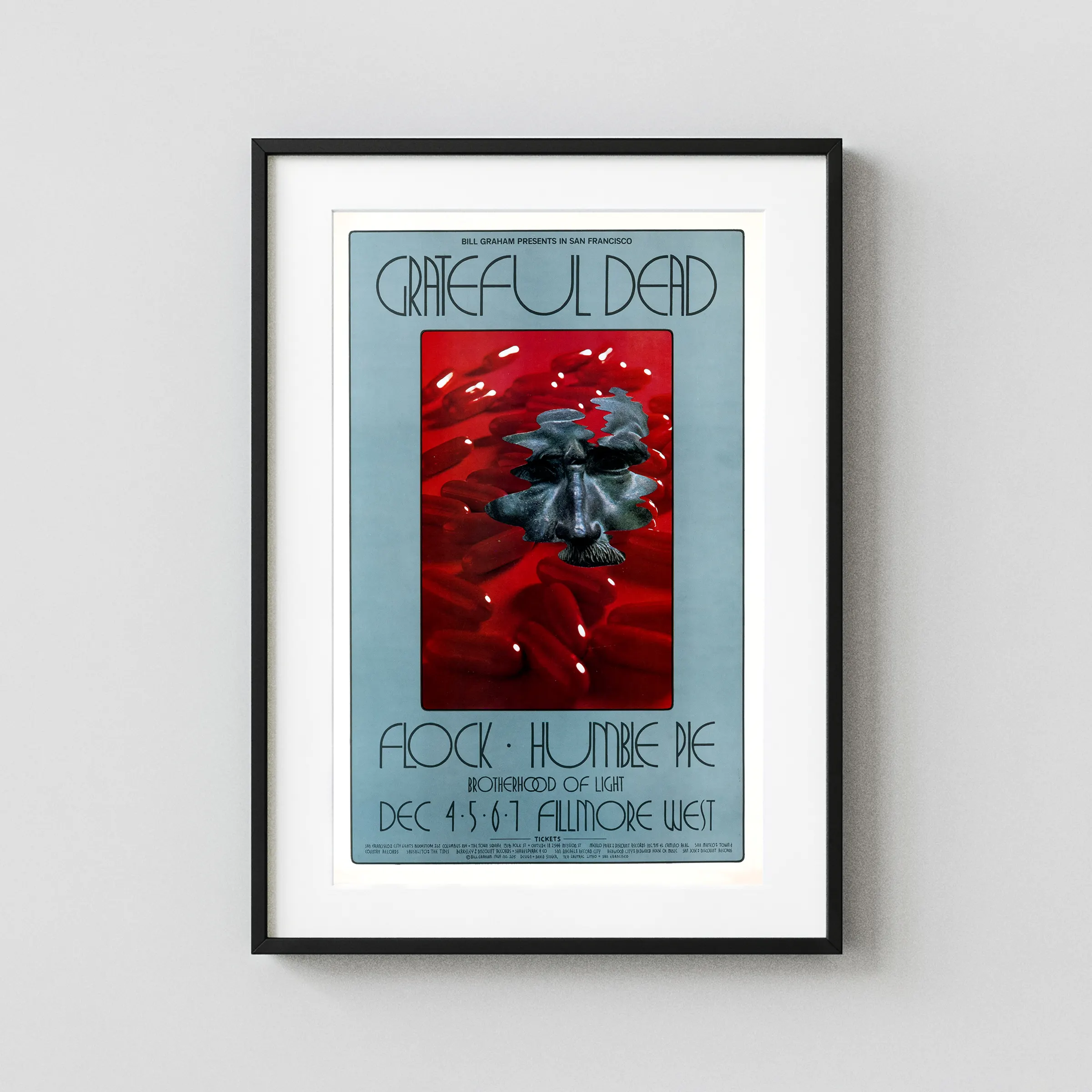 Grateful Dead, Peter Frampton 1969 Fillmore West Concert Poster featuring white, blue, and teal vertical artwork.