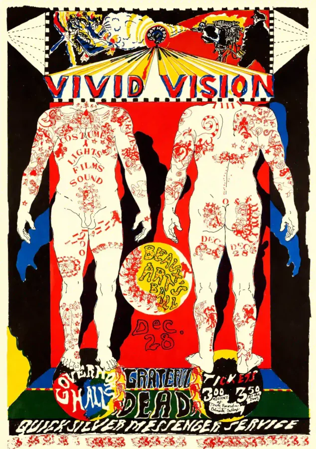 Grateful Dead, Quicksilver 1966 Sacramento, CA Concert Poster featuring cream, black, and red vertical artwork.