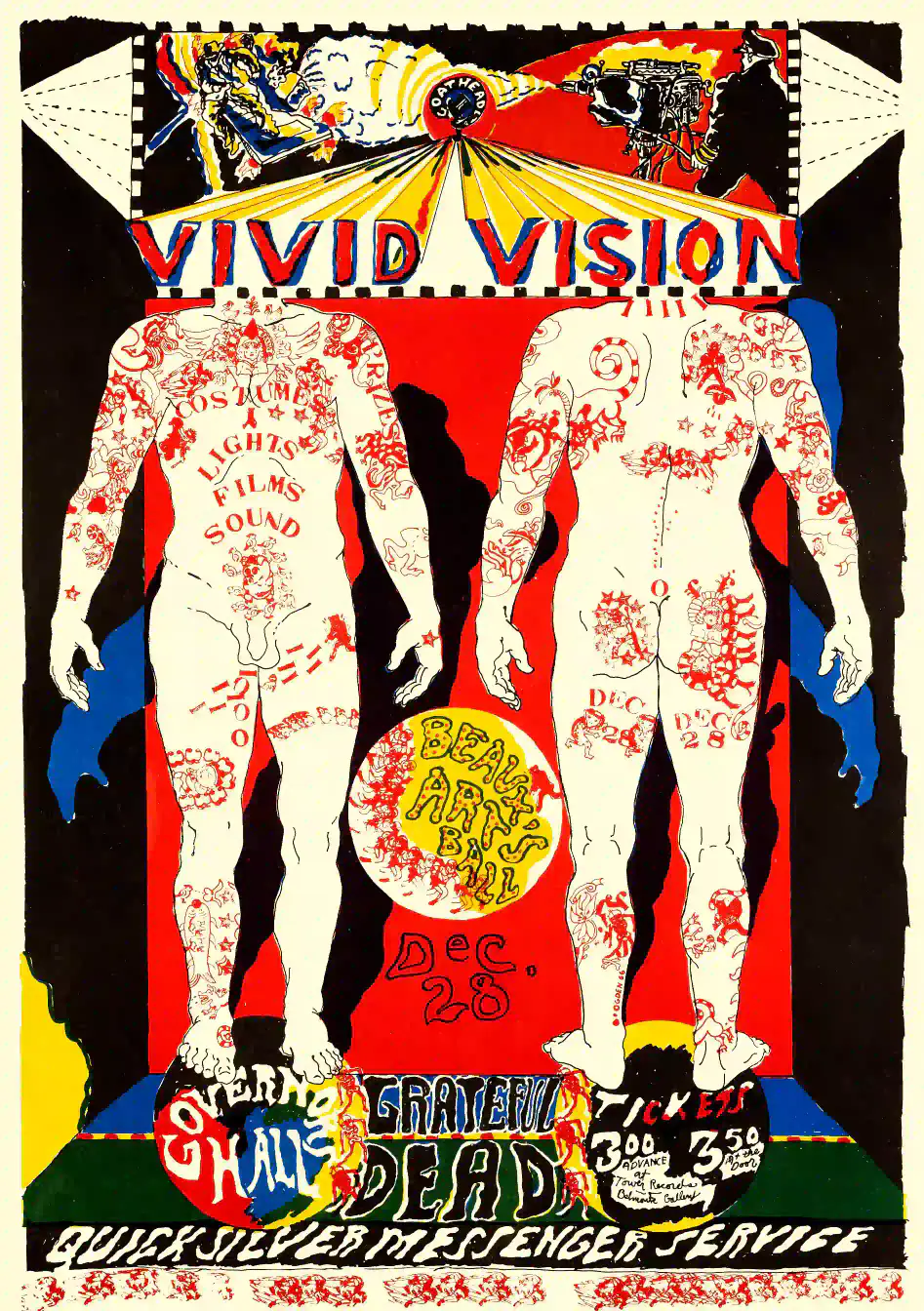Grateful Dead, Quicksilver 1966 Sacramento, CA Concert Poster featuring cream, black, and red vertical artwork.
