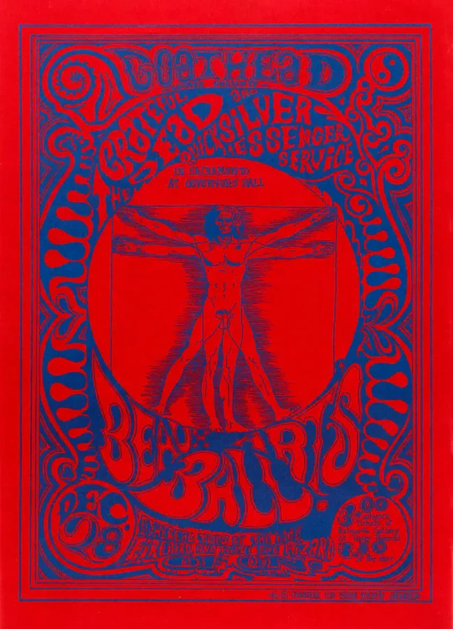Grateful Dead, Quicksilver poster with red, magenta, and purple artwork and period lettering.