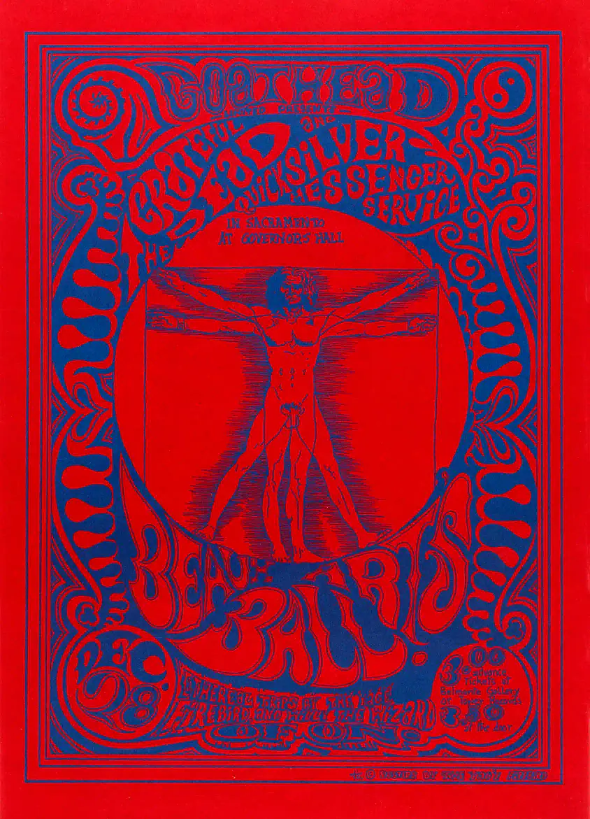 Grateful Dead, Quicksilver poster with red, magenta, and purple artwork and period lettering.