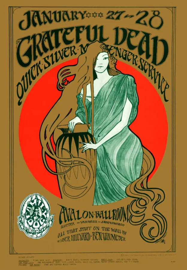 Grateful Dead, Quicksilver 1967 Avalon Ballroom Concert Poster featuring yellow, red, and white vertical artwork.