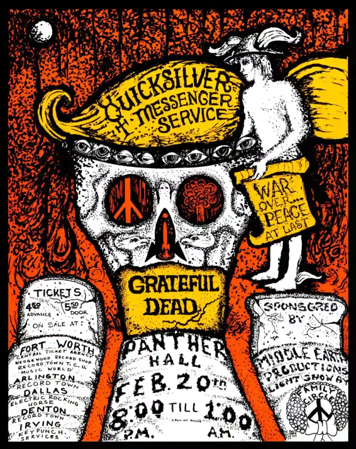 Grateful Dead, Quicksilver 1970 Ft. Worth, TX Concert Poster featuring white, light gray, and gray vertical artwork.