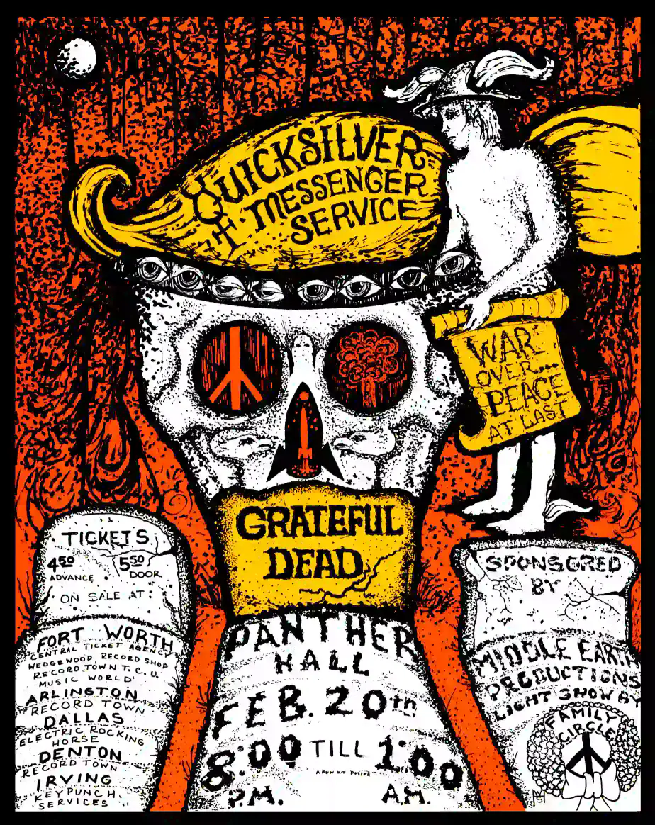 Grateful Dead, Quicksilver 1970 Ft. Worth, TX Concert Poster featuring white, light gray, and gray vertical artwork.