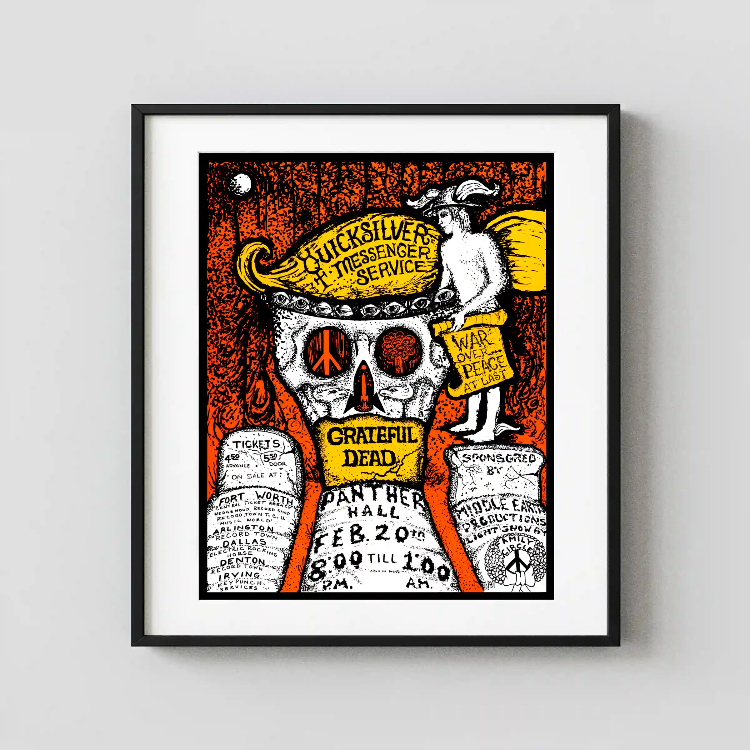 Grateful Dead, Quicksilver 1970 Ft. Worth, TX Concert Poster featuring white, light gray, and gray vertical artwork.